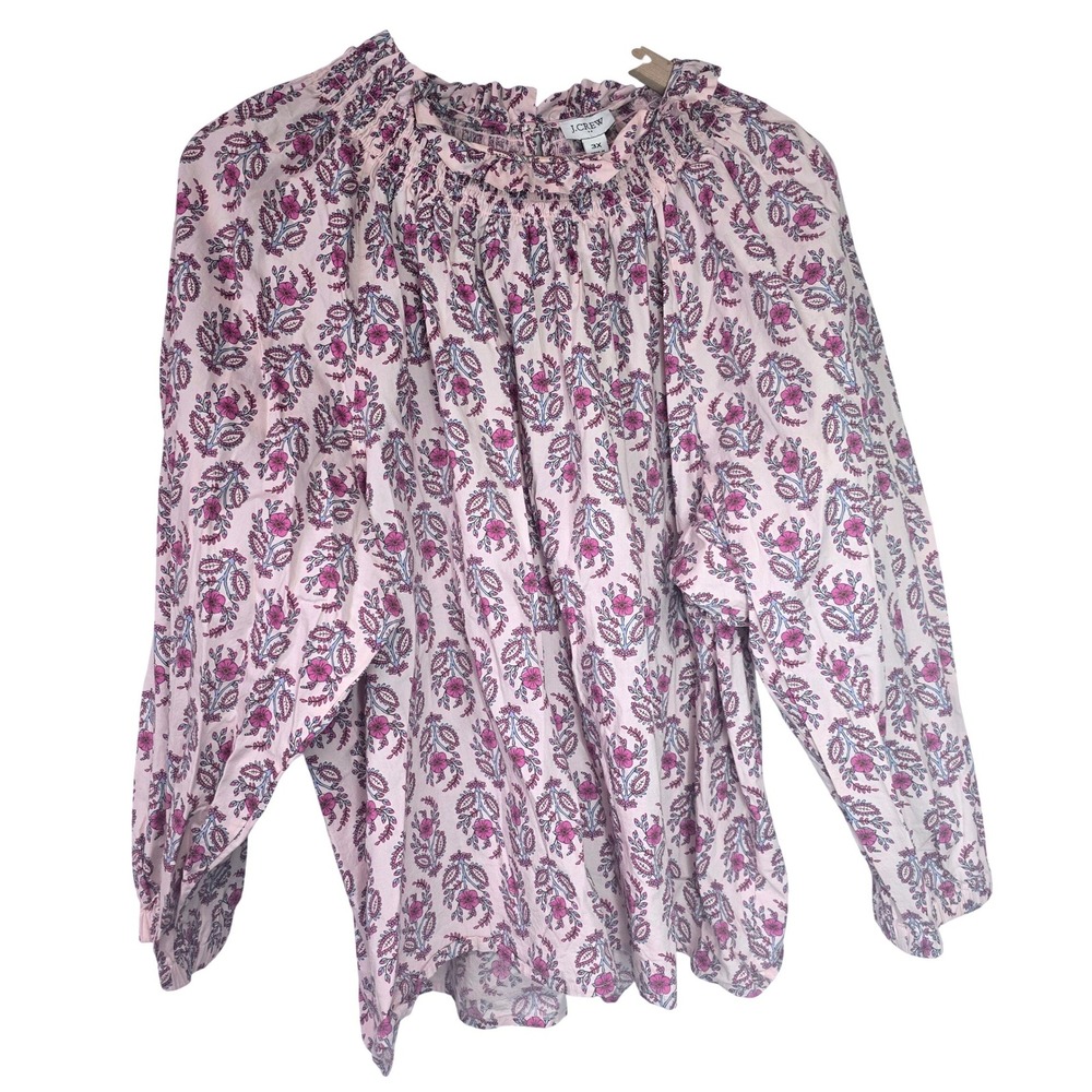 J.Crew Printed Smocked Neck Blouse Women 3X Pink Floral Cotton Cottagecore Boho